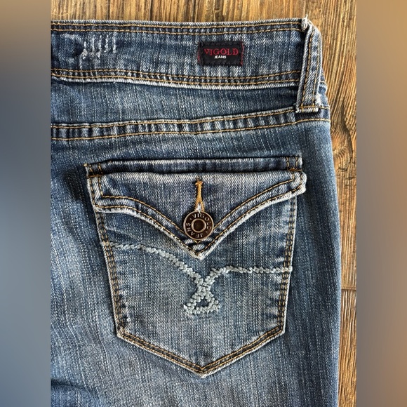 Vigold Straight Jeans Womens Juniors 7 Dark Wash Blue Denim Whiskers Embroidered - Picture 11 of 12